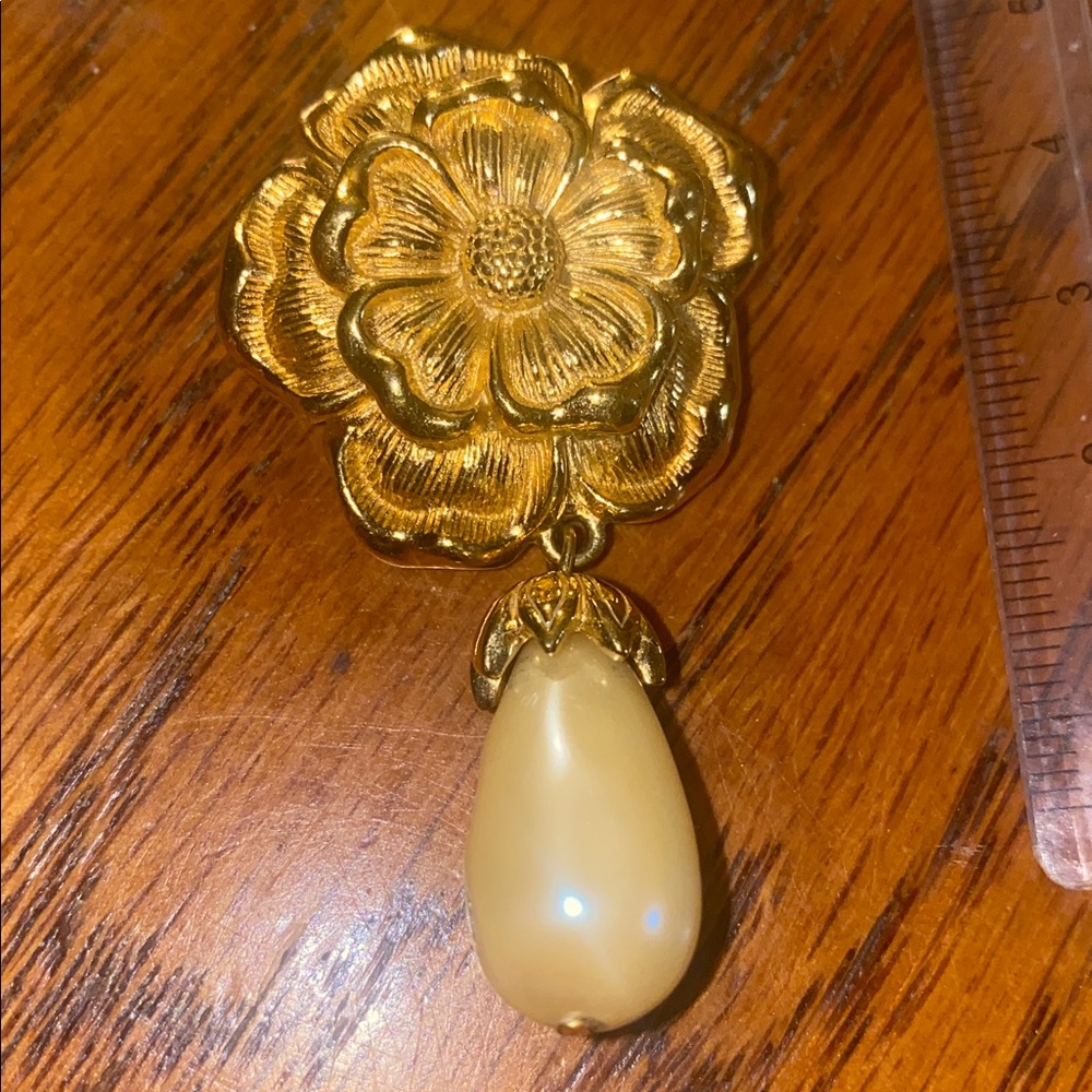 Gold Floral Brooch with Pearl Drop